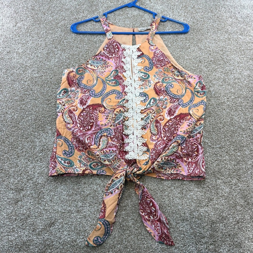 Lola P Womens Paisley Crochet Trim Tie Front Halter Top Pink Orange Medium Large